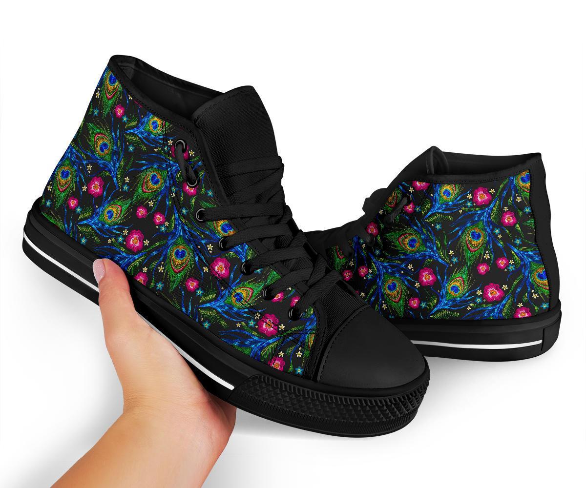 Peacock Rose Feather Pattern Print Men Women's High Top Shoes-grizzshop