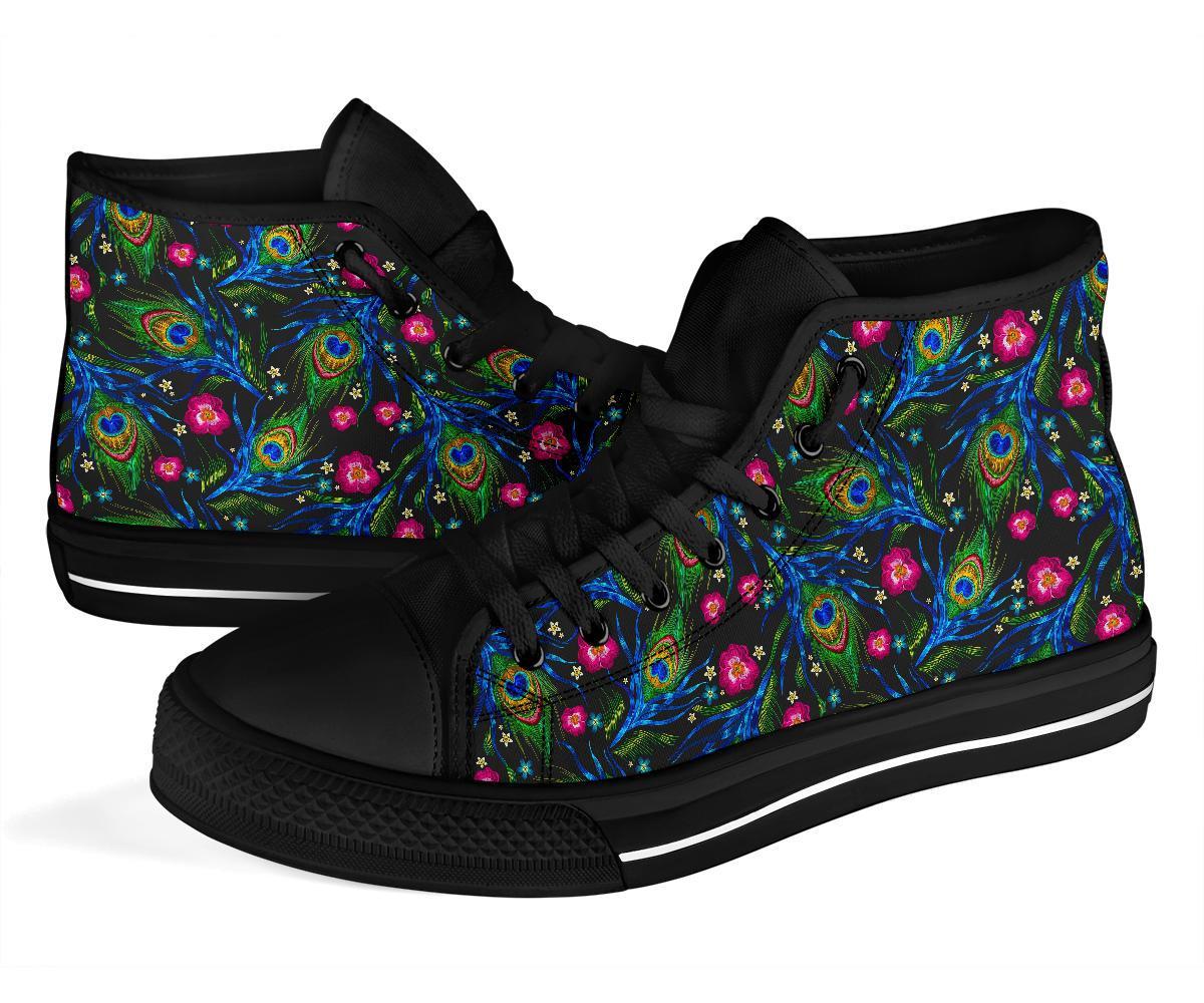 Peacock Rose Feather Pattern Print Men Women's High Top Shoes-grizzshop