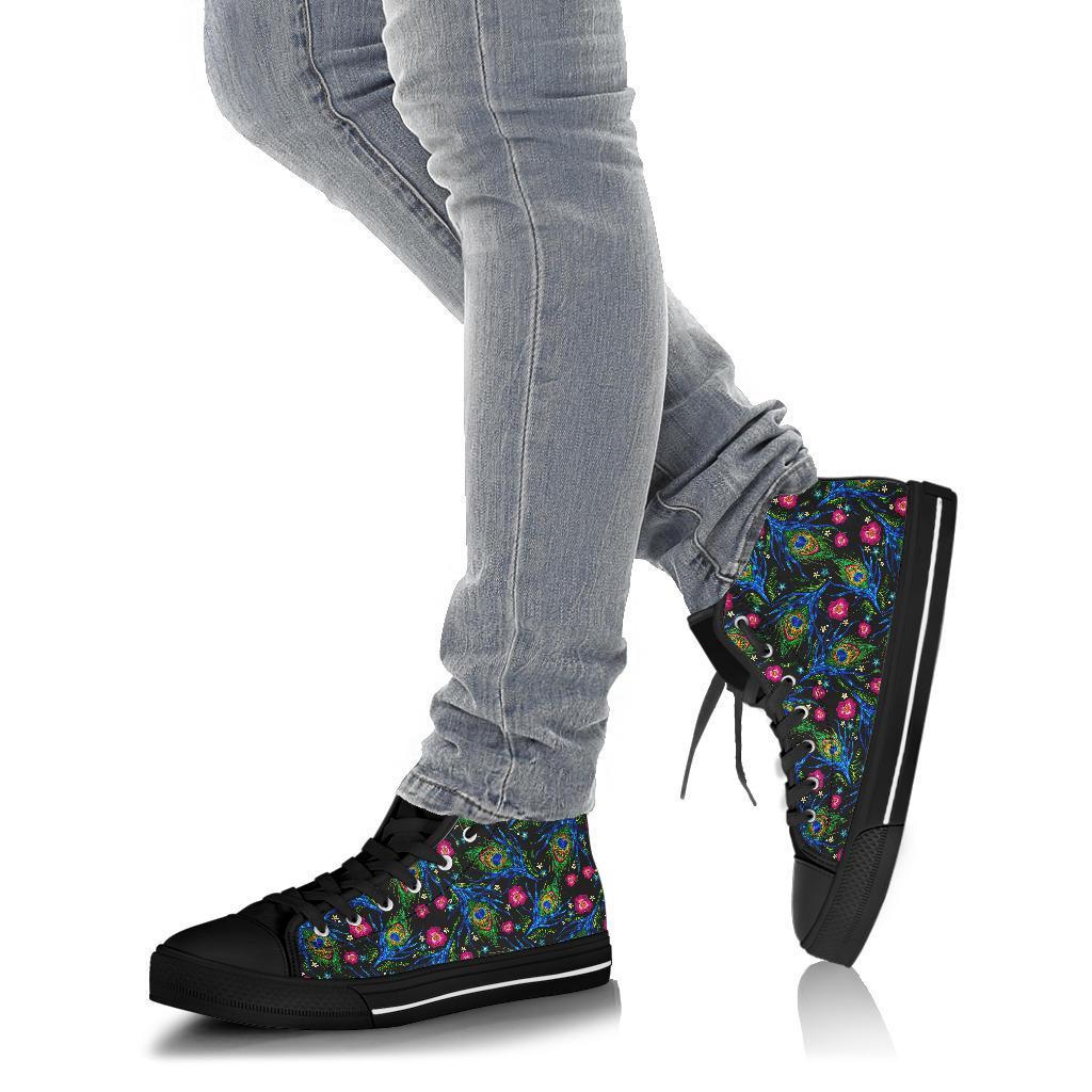 Peacock Rose Feather Pattern Print Men Women's High Top Shoes-grizzshop