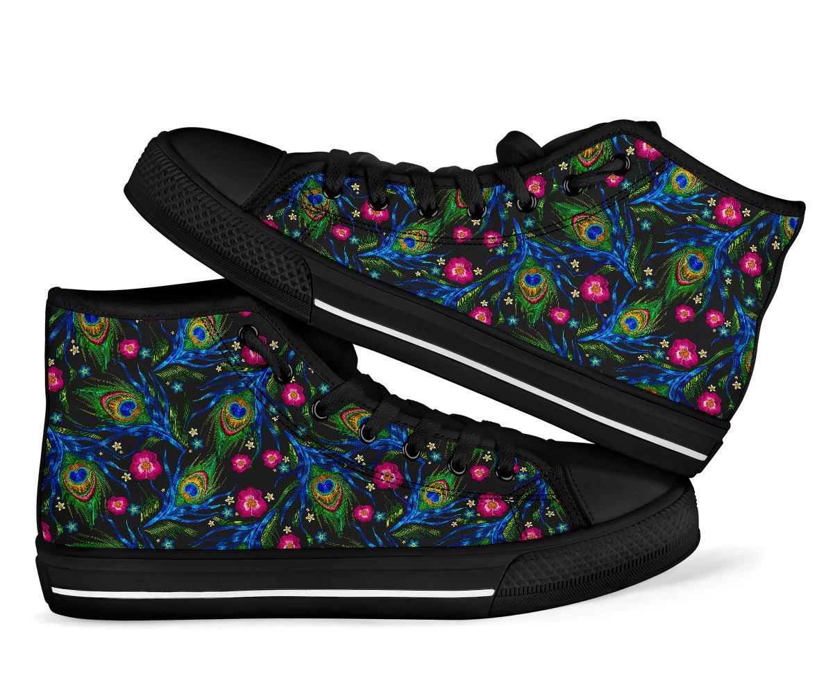 Peacock Rose Feather Pattern Print Men Women's High Top Shoes-grizzshop