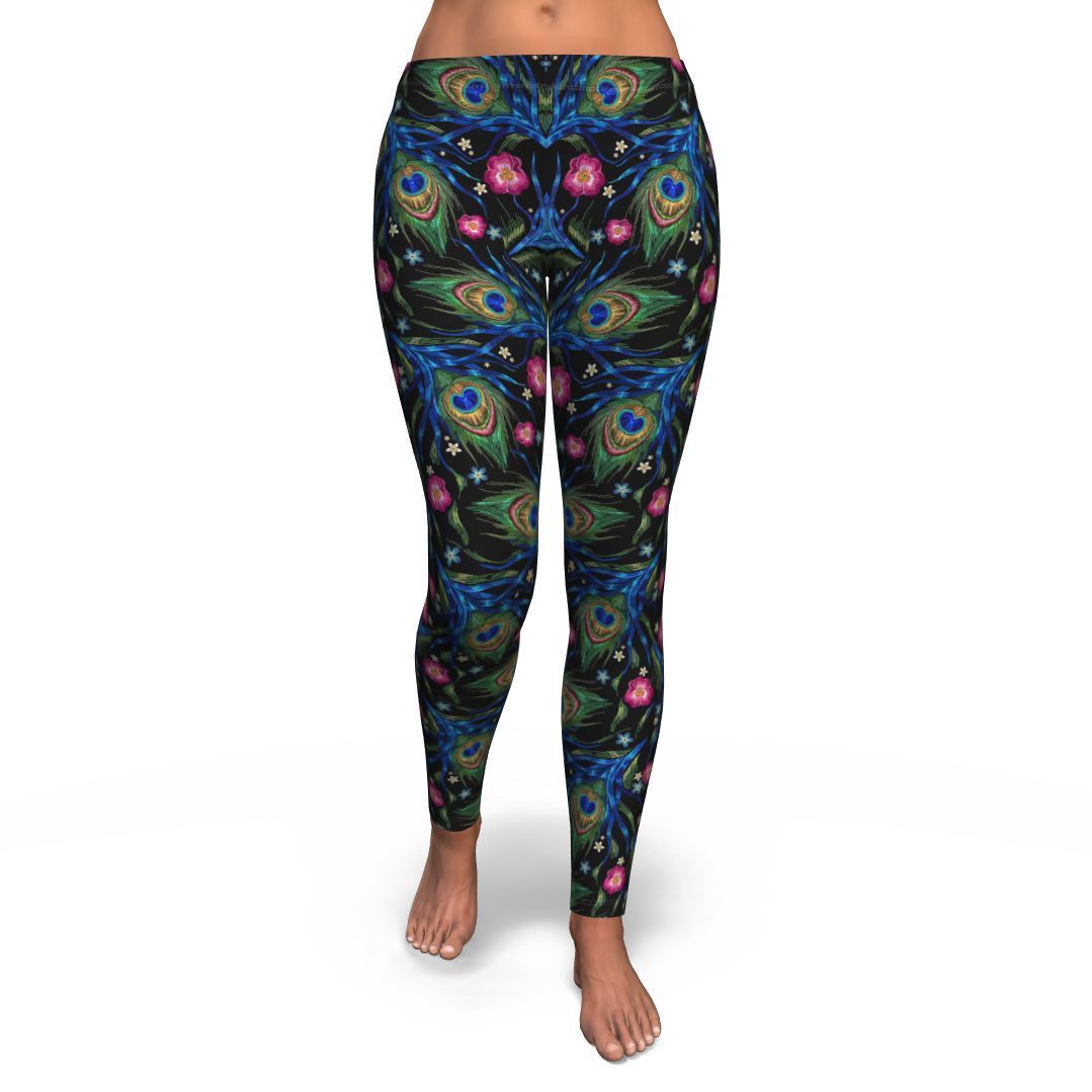 Peacock Rose Feather Pattern Print Pattern Women Leggings-grizzshop