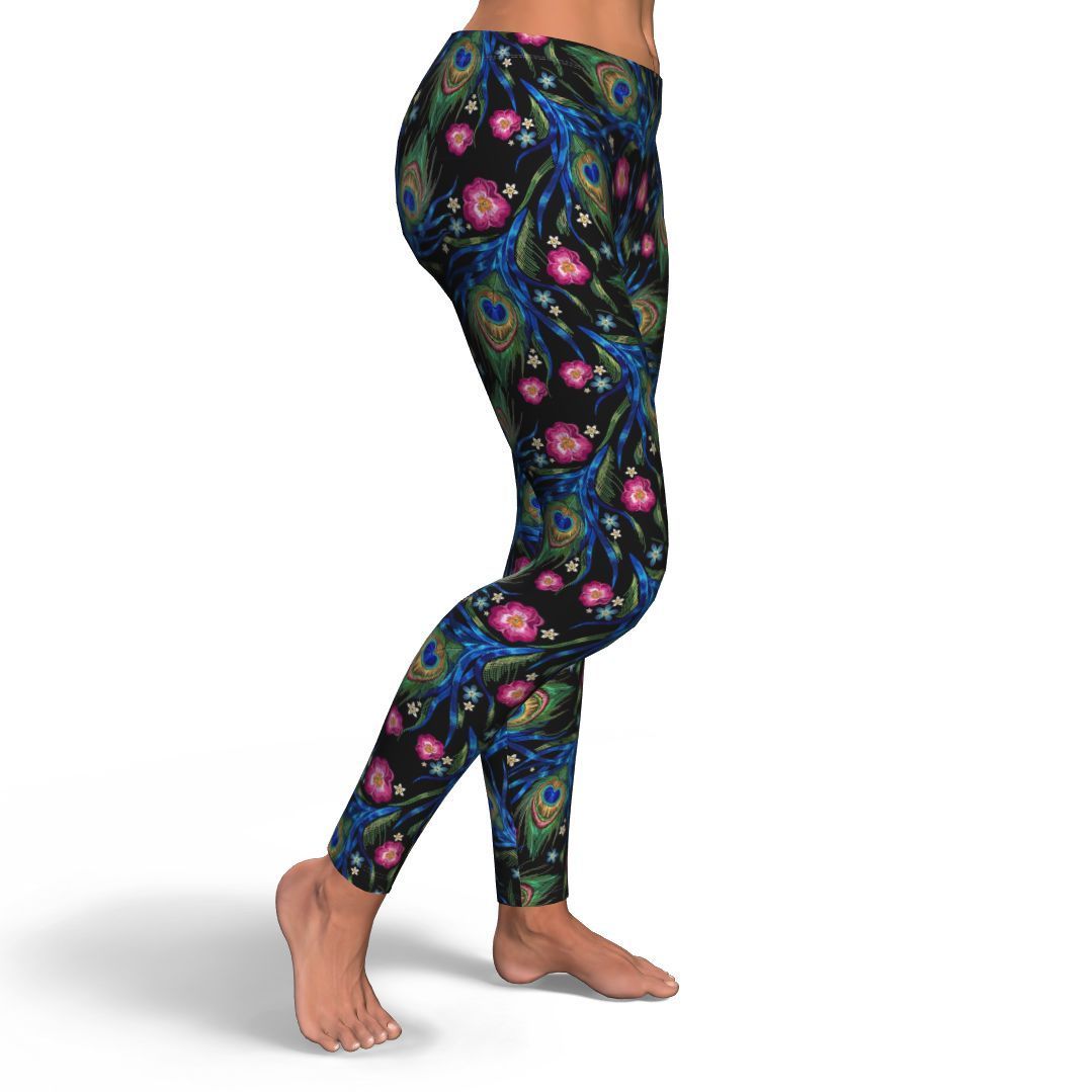 Peacock Rose Feather Pattern Print Pattern Women Leggings-grizzshop