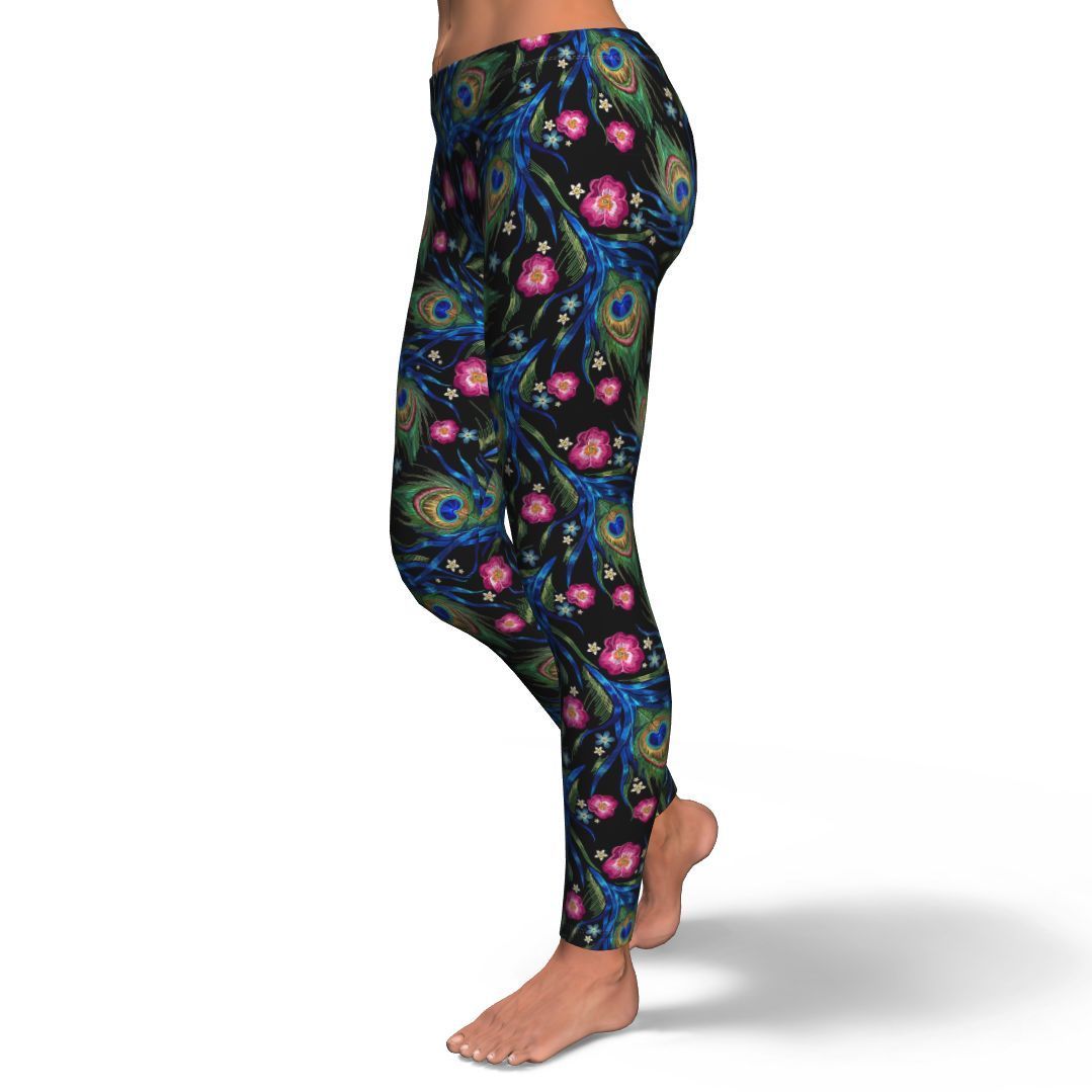 Peacock Rose Feather Pattern Print Pattern Women Leggings-grizzshop