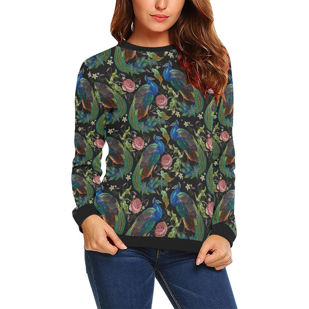 Peacock Rose Feather Pattern Print Peacock Rose Pattern Print Women Crewneck Sweatshirt-grizzshop