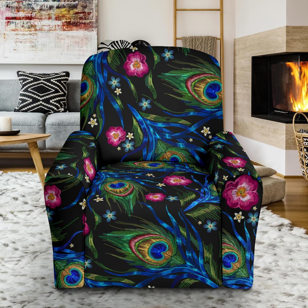 Peacock Rose Feather Pattern Print Recliner Cover-grizzshop