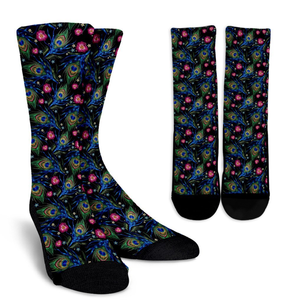 Peacock Rose Feather Pattern Print Unisex Crew Socks-grizzshop