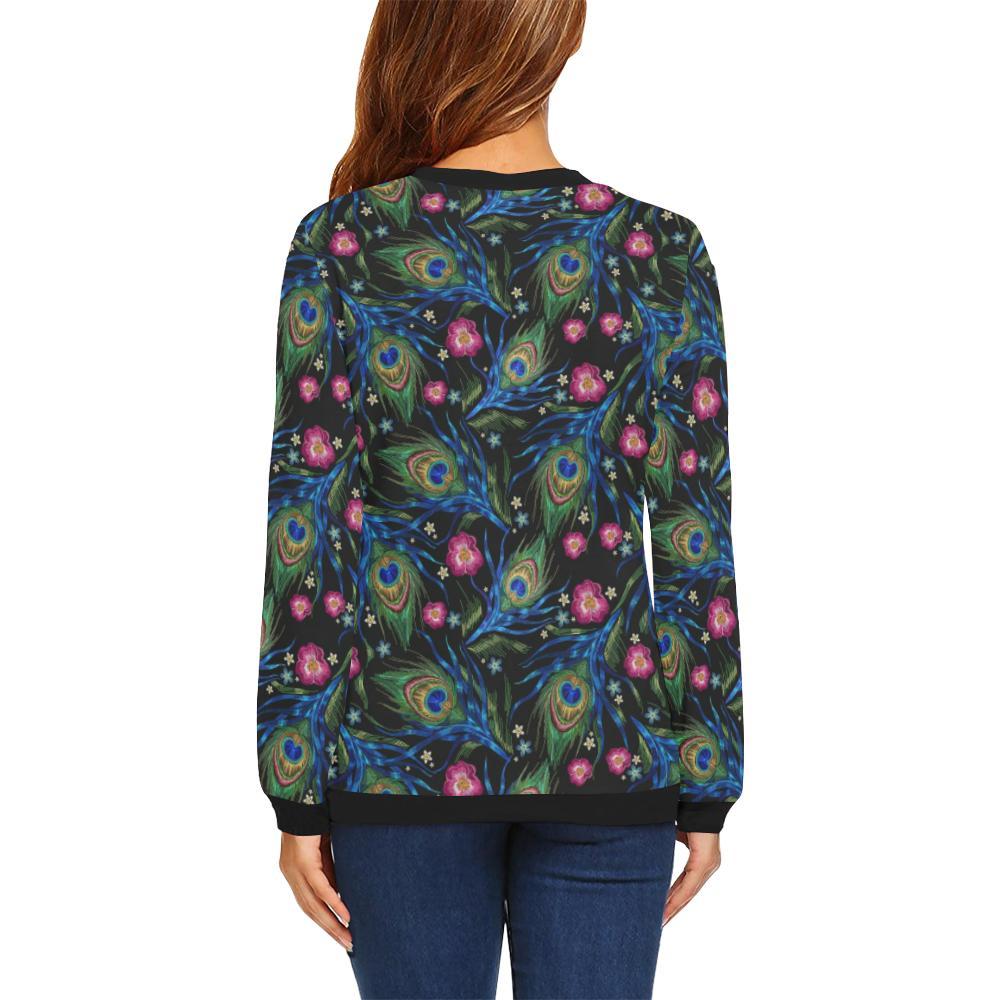 Peacock Rose Feather Pattern Print Women Crewneck Sweatshirt-grizzshop