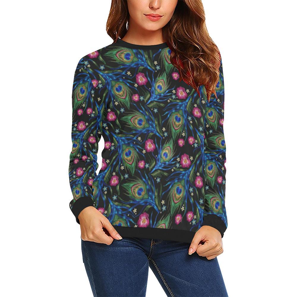 Peacock Rose Feather Pattern Print Women Crewneck Sweatshirt-grizzshop