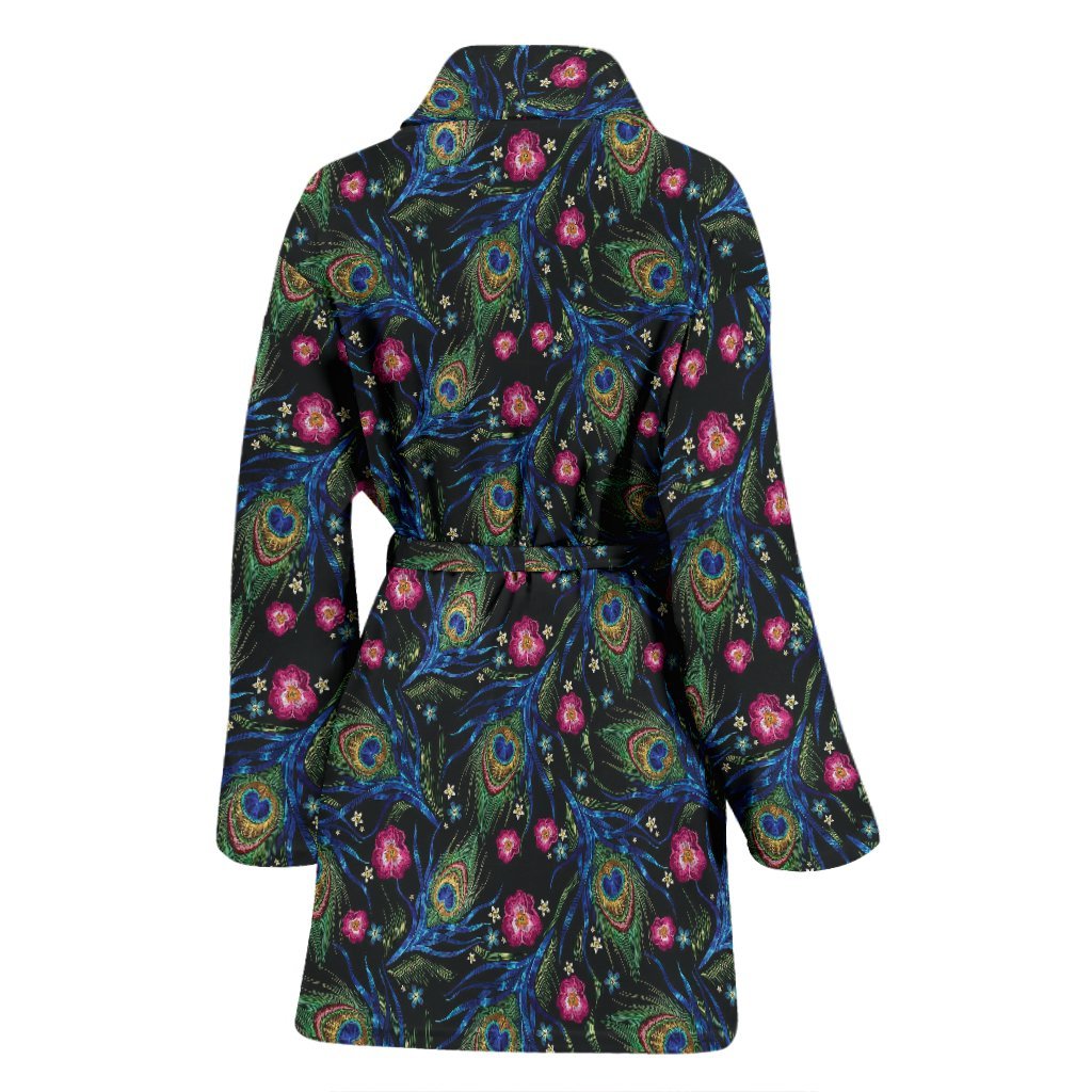 Peacock Rose Feather Pattern Print Women Long Robe-grizzshop