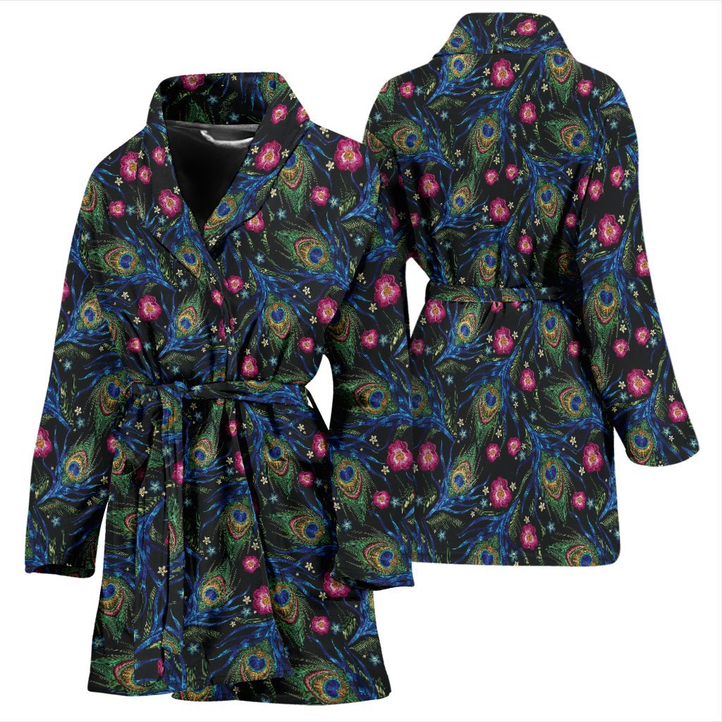 Peacock Rose Feather Pattern Print Women Long Robe-grizzshop