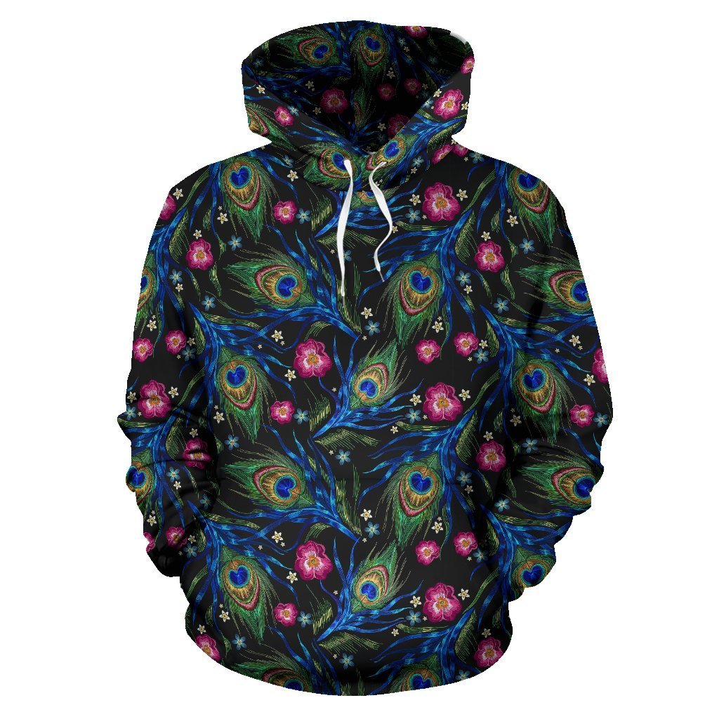 Peacock Rose Feather Pattern Print Women Men Pullover Hoodie-grizzshop