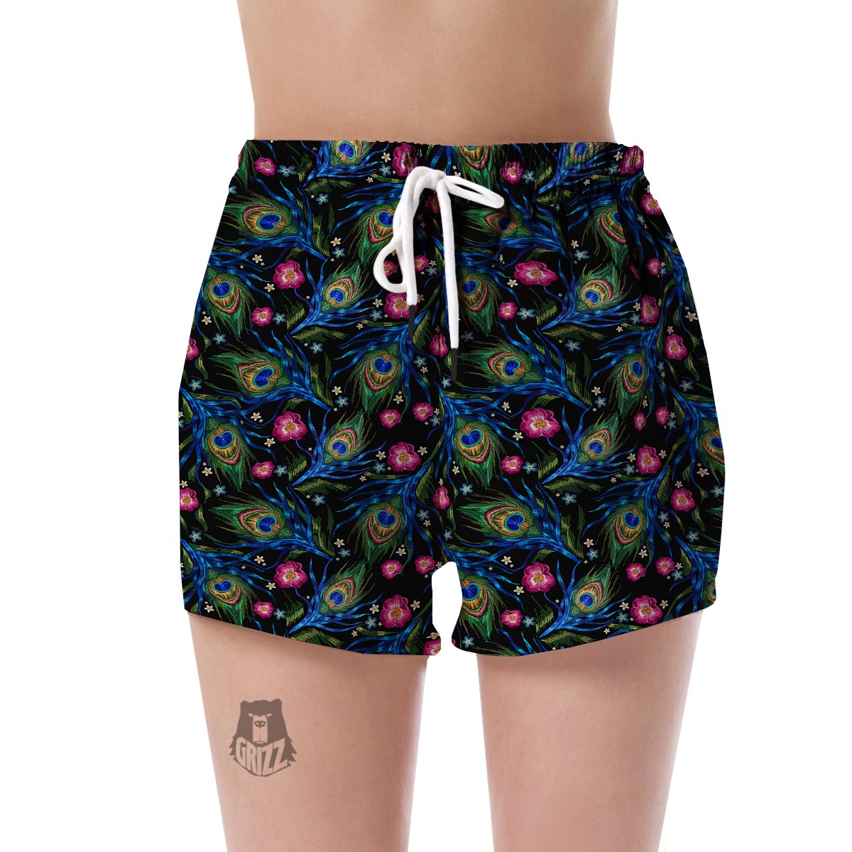 Peacock Rose Feather Pattern Print Women's Shorts-grizzshop