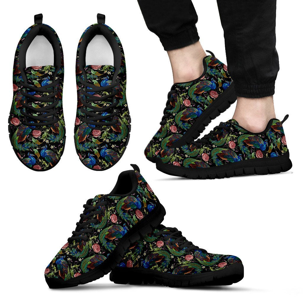 Peacock Rose Pattern Print Black Sneaker Shoes For Men Women-grizzshop