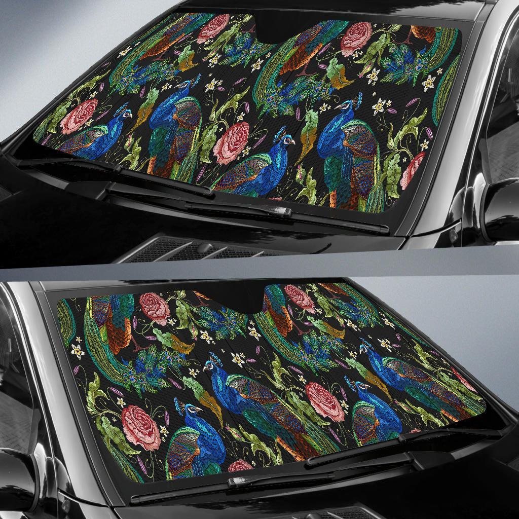 Peacock Rose Pattern Print Car Sun Shade-grizzshop