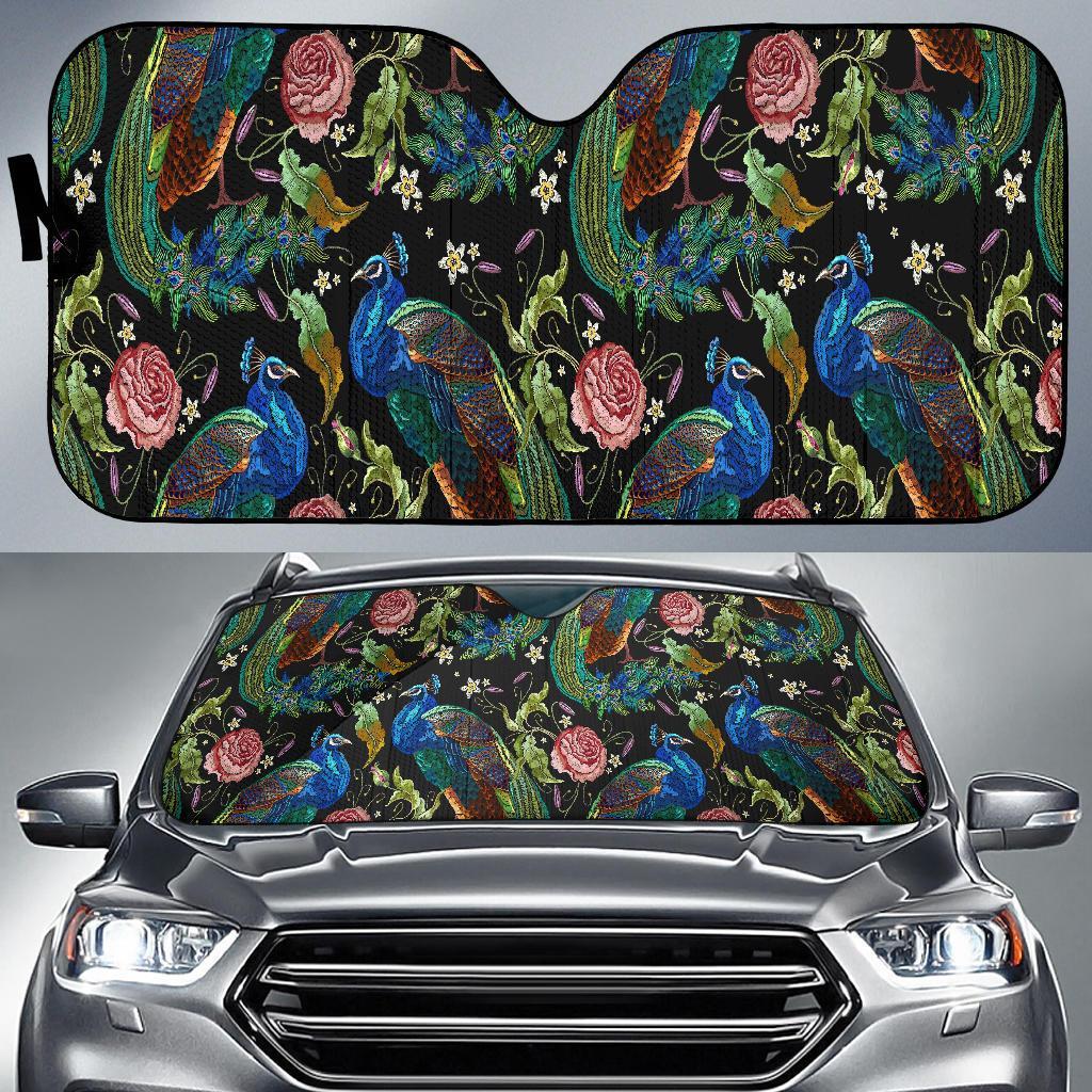 Peacock Rose Pattern Print Car Sun Shade-grizzshop