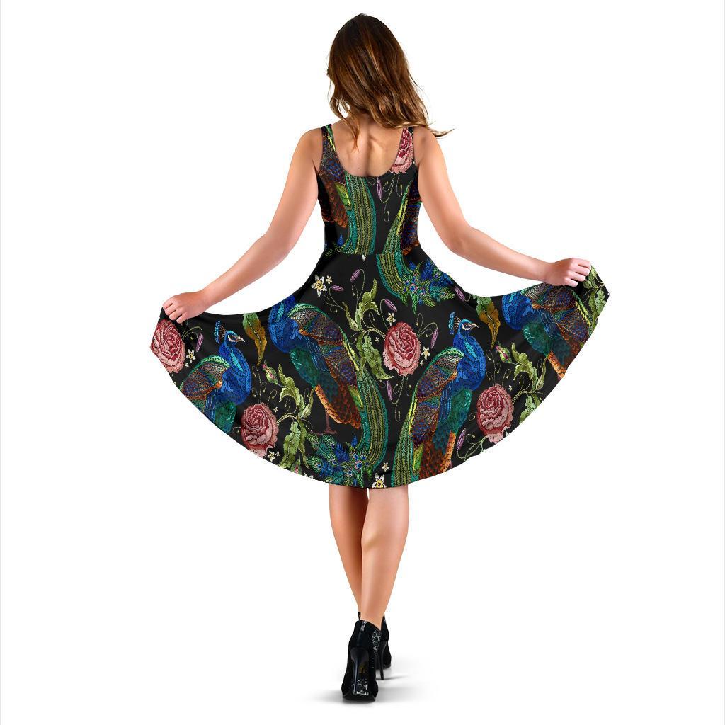 Peacock Rose Pattern Print Dress-grizzshop