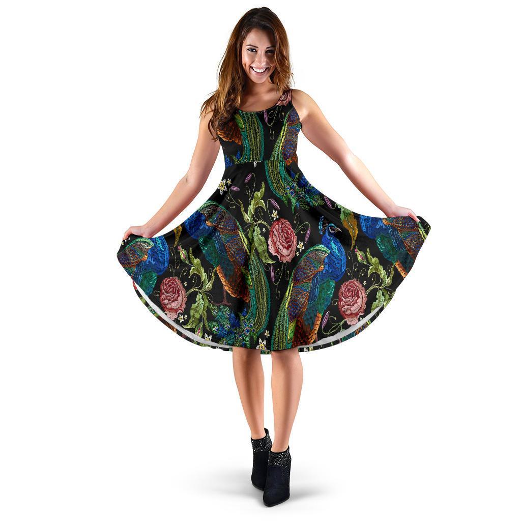 Peacock Rose Pattern Print Dress-grizzshop