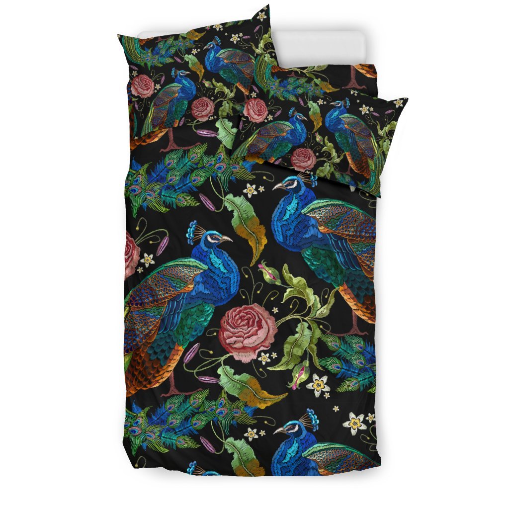 Peacock Rose Pattern Print Duvet Cover Bedding Set-grizzshop