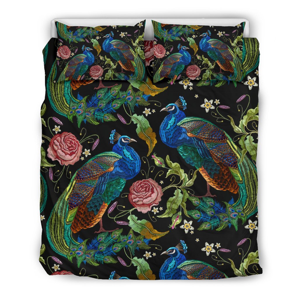 Peacock Rose Pattern Print Duvet Cover Bedding Set-grizzshop