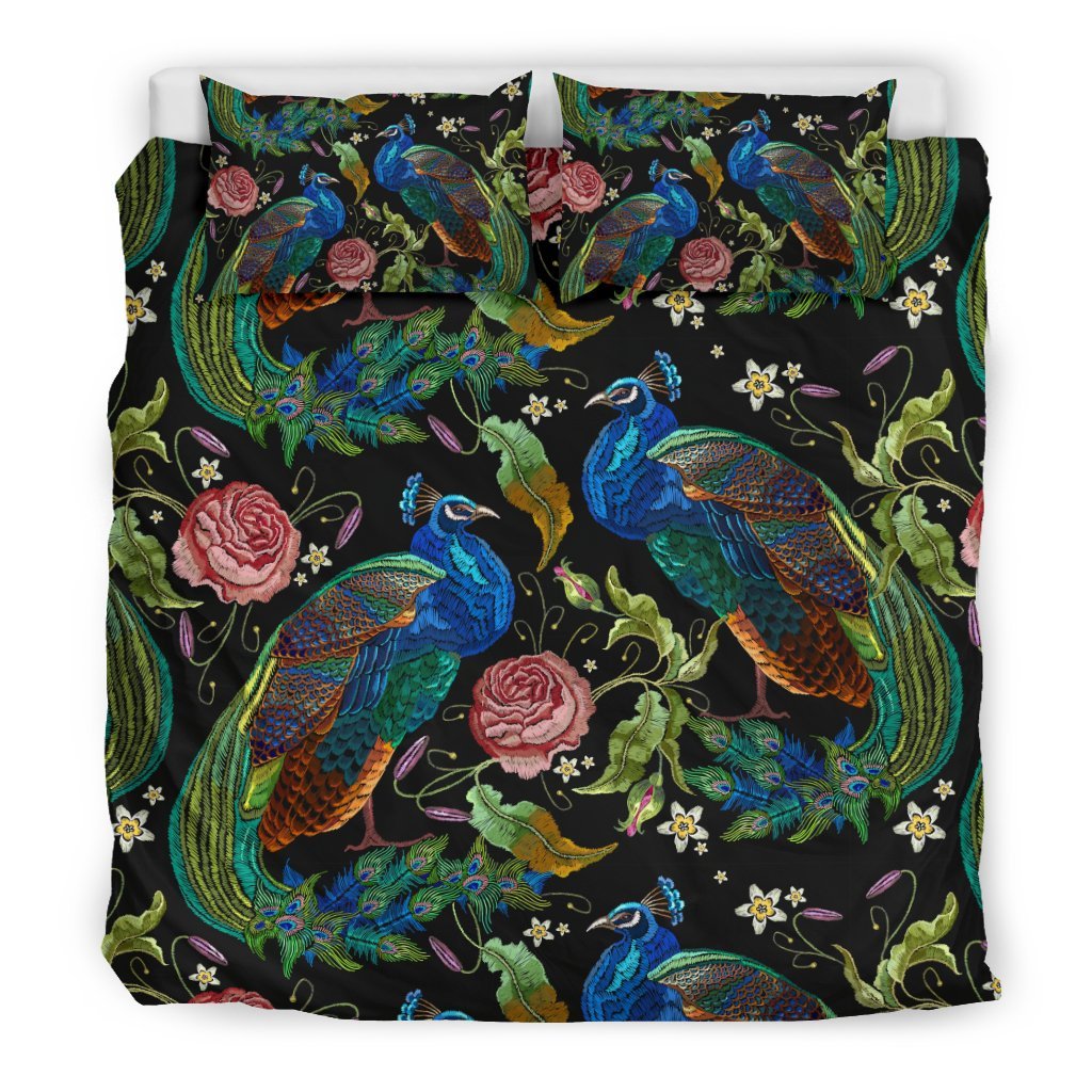 Peacock Rose Pattern Print Duvet Cover Bedding Set-grizzshop