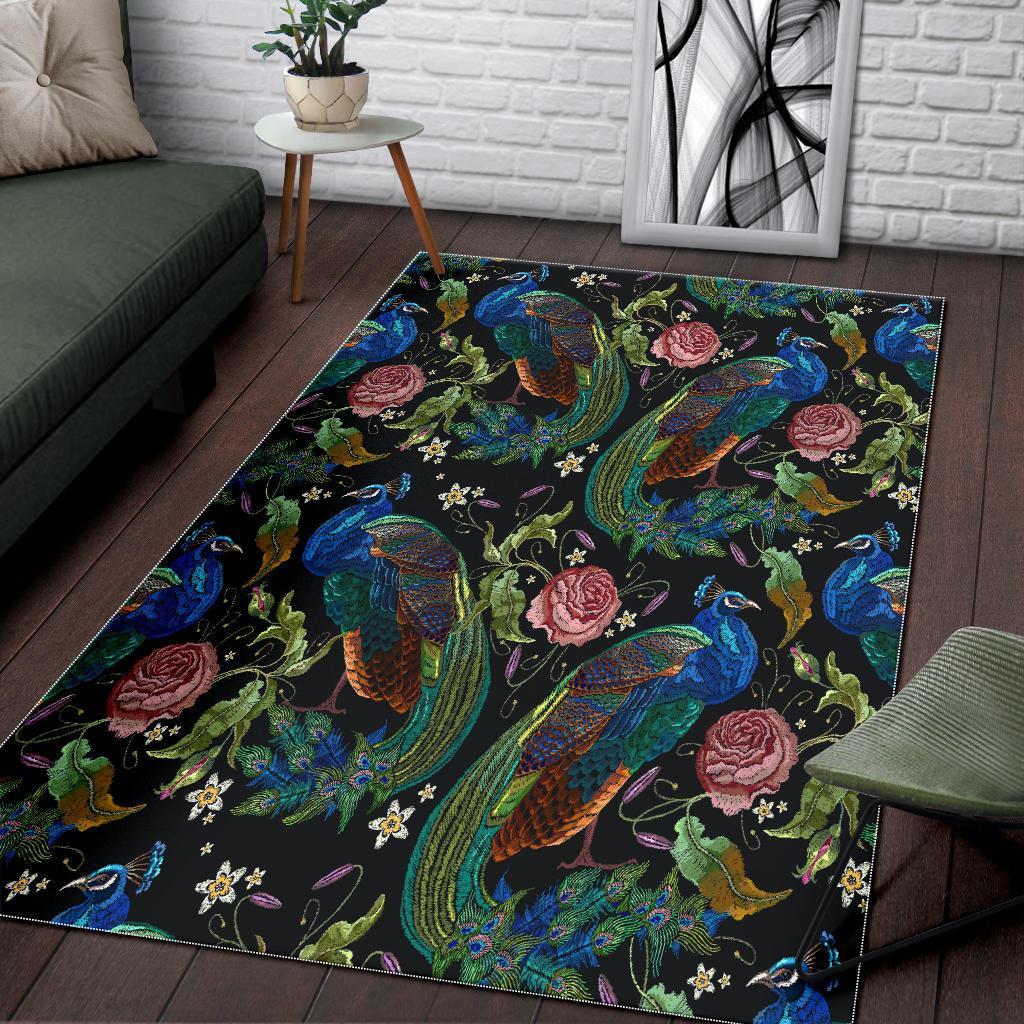 Peacock Rose Pattern Print Floor Mat-grizzshop