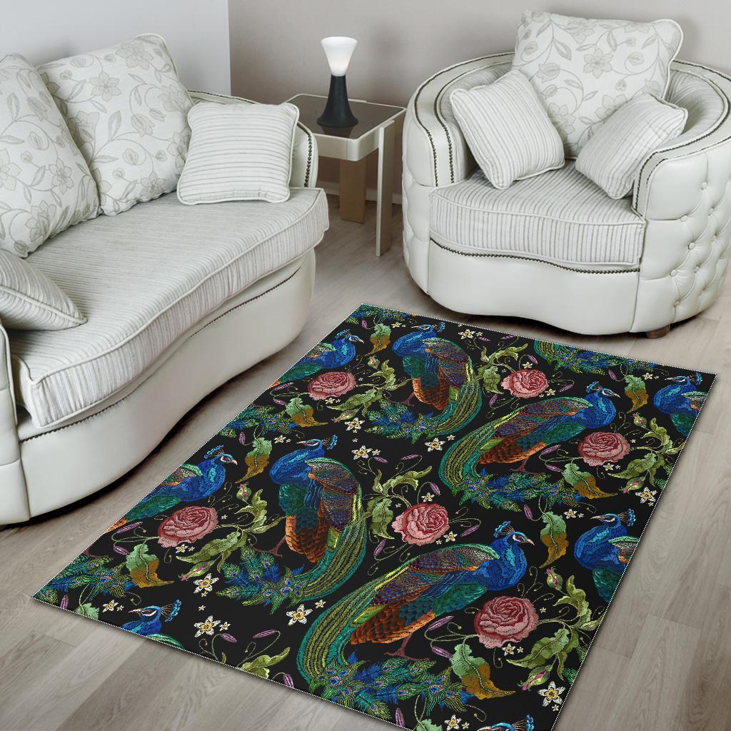 Peacock Rose Pattern Print Floor Mat-grizzshop