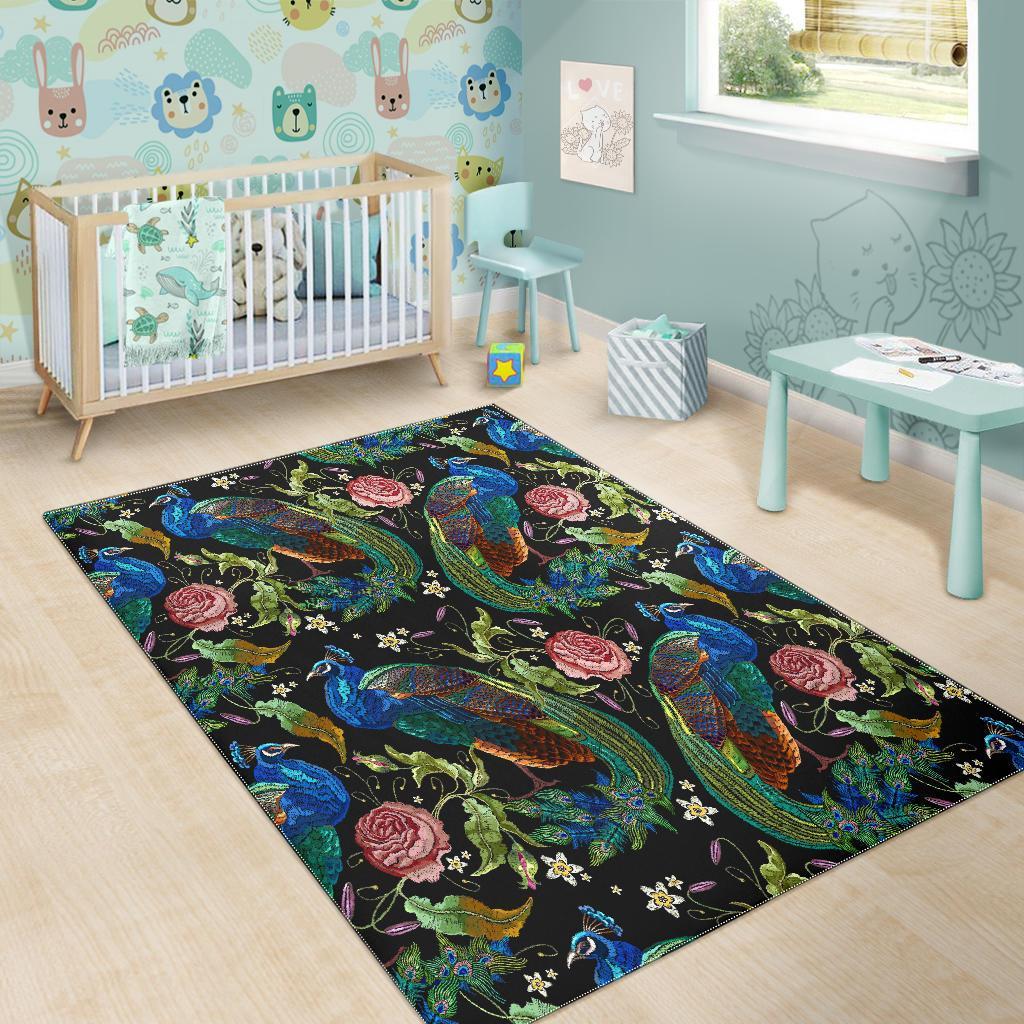 Peacock Rose Pattern Print Floor Mat-grizzshop