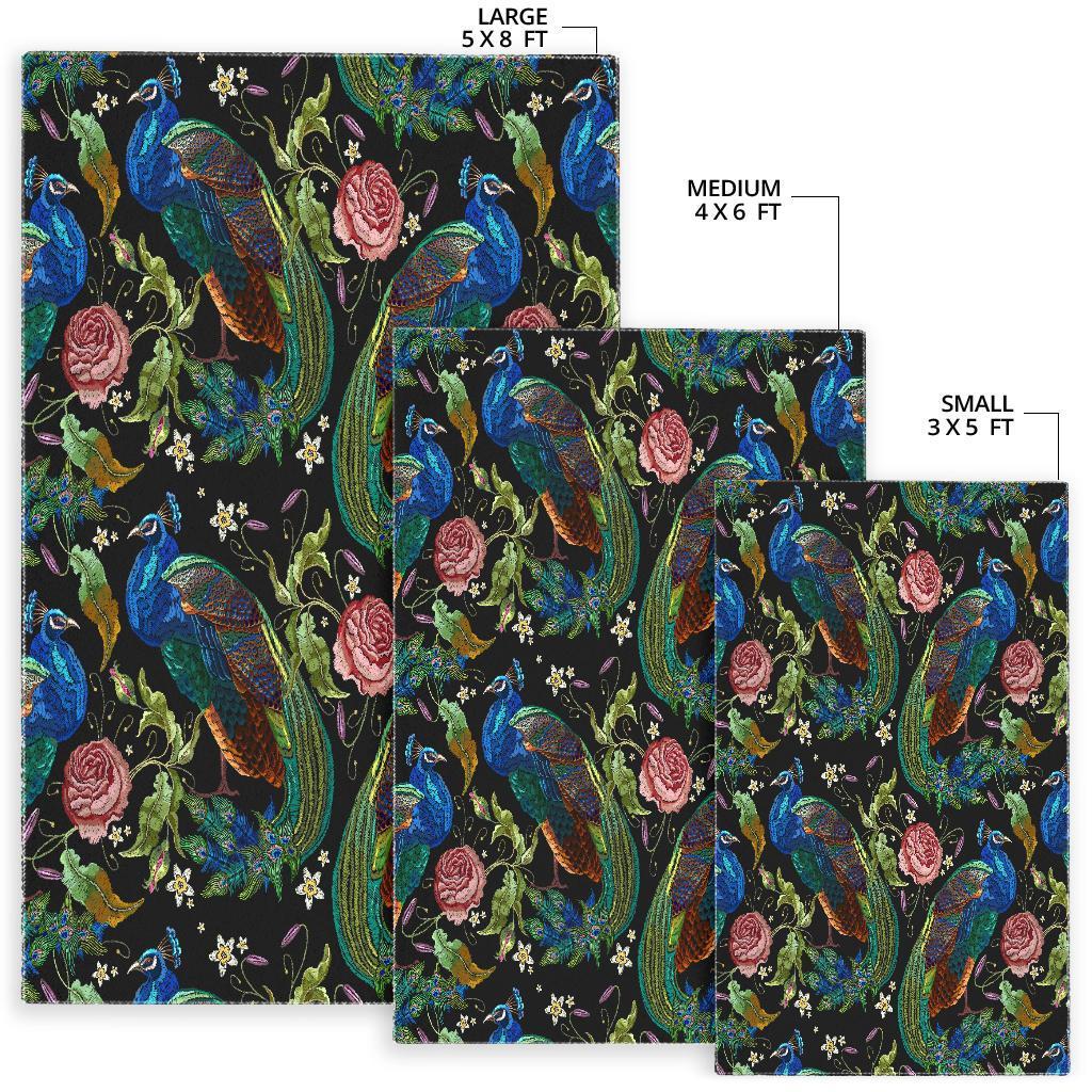 Peacock Rose Pattern Print Floor Mat-grizzshop