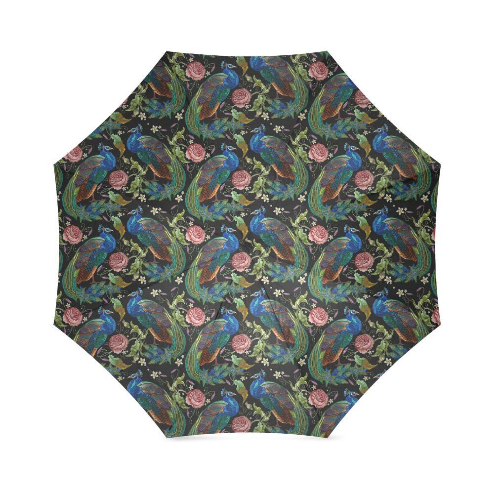 Peacock Rose Pattern Print Foldable Umbrella-grizzshop
