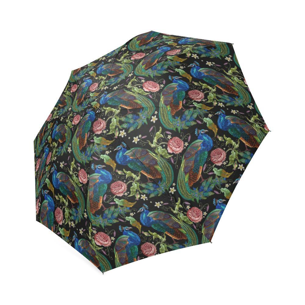Peacock Rose Pattern Print Foldable Umbrella-grizzshop
