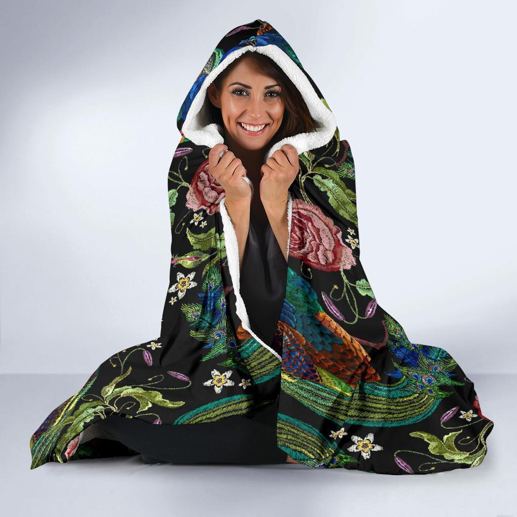 Peacock Rose Pattern Print Hooded Blanket-grizzshop