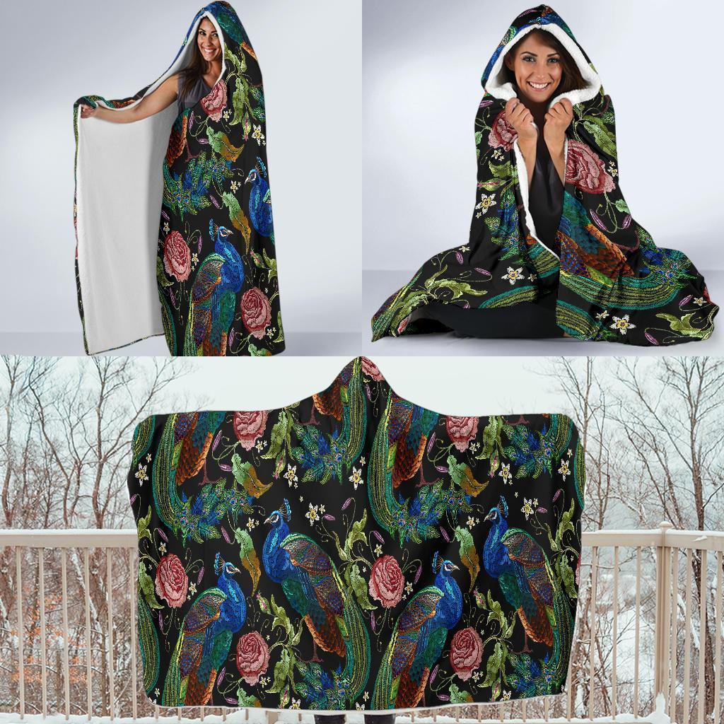 Peacock Rose Pattern Print Hooded Blanket-grizzshop