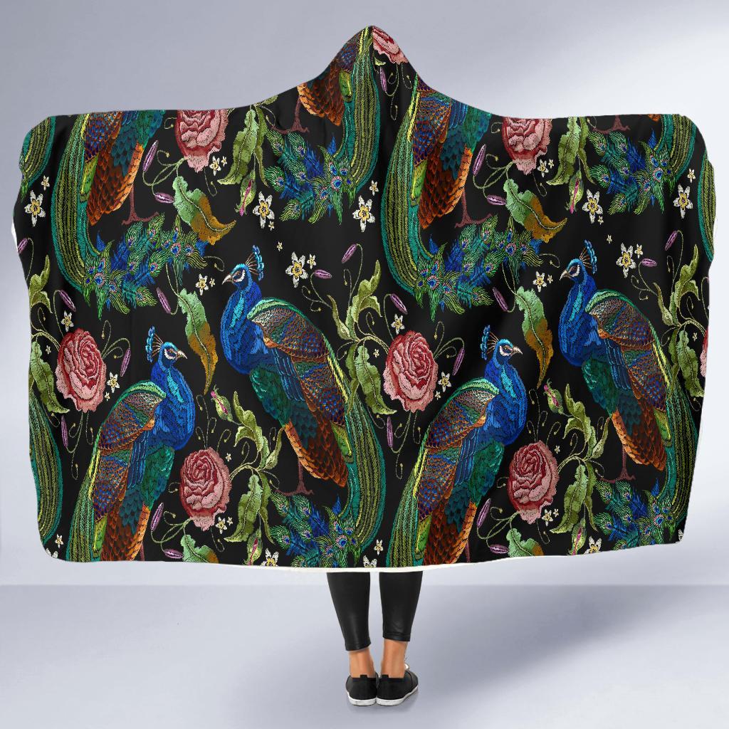 Peacock Rose Pattern Print Hooded Blanket-grizzshop