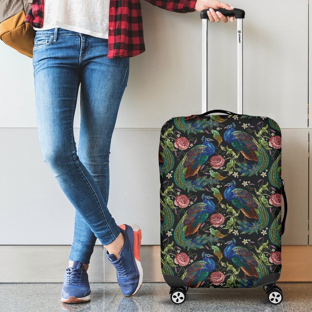 Peacock Rose Pattern Print Luggage Cover Protector-grizzshop