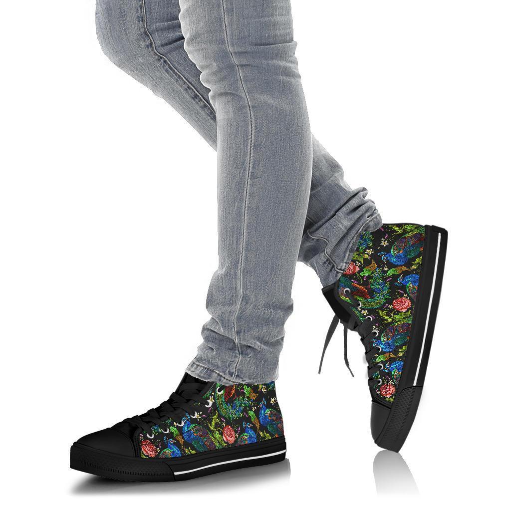 Peacock Rose Pattern Print Men Women's High Top Shoes-grizzshop