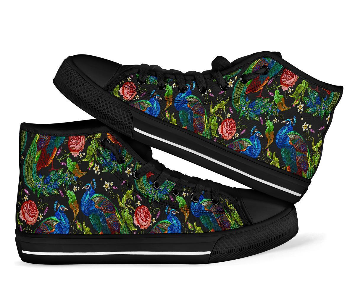Peacock Rose Pattern Print Men Women's High Top Shoes-grizzshop