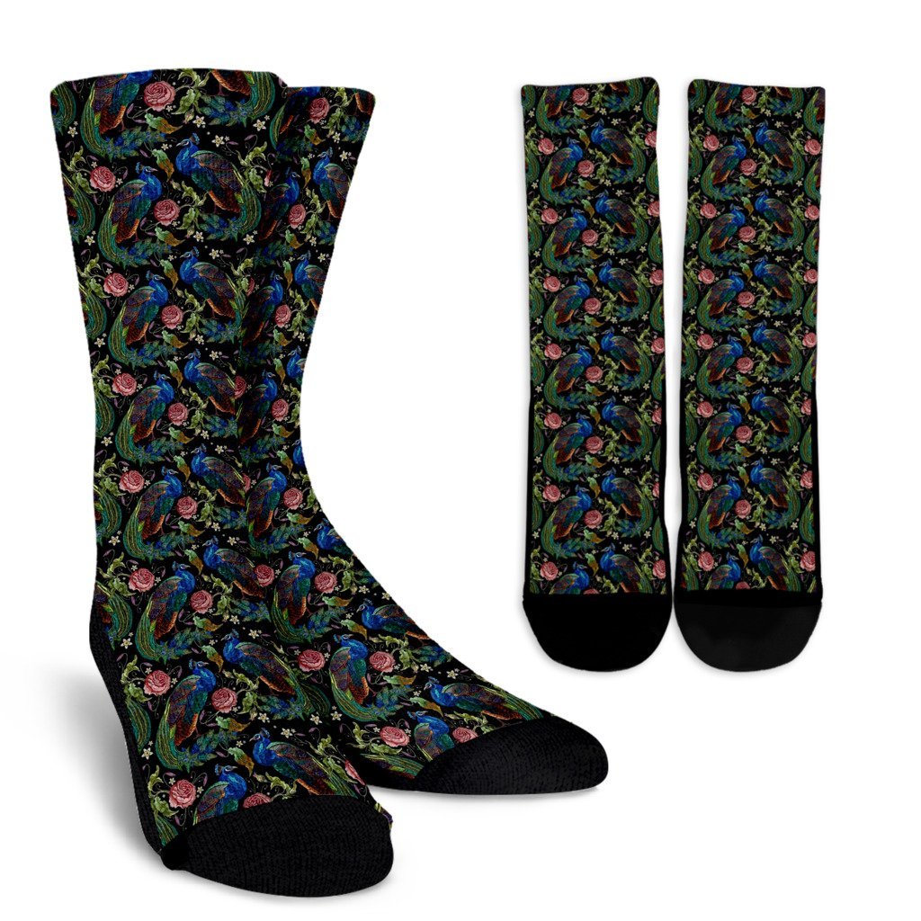 Peacock Rose Pattern Print Unisex Crew Socks-grizzshop