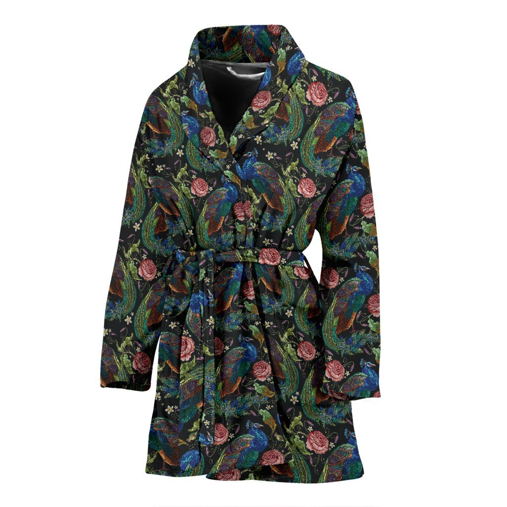 Peacock Rose Pattern Print Women Long Robe-grizzshop