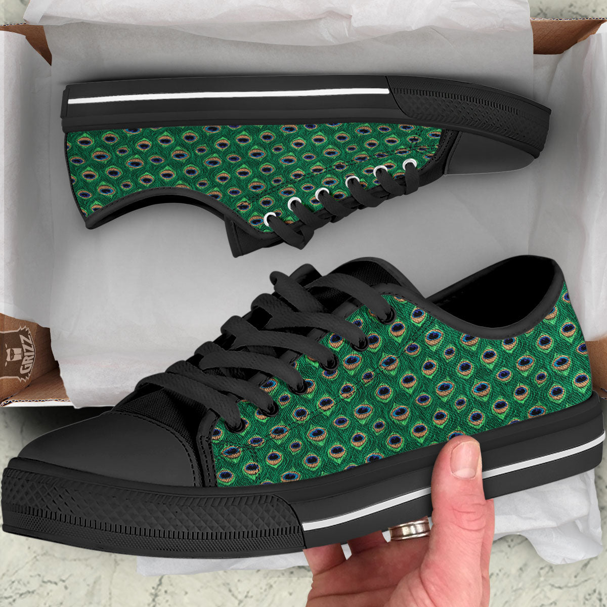 Peacock Tail Print Black Low Top Shoes-grizzshop