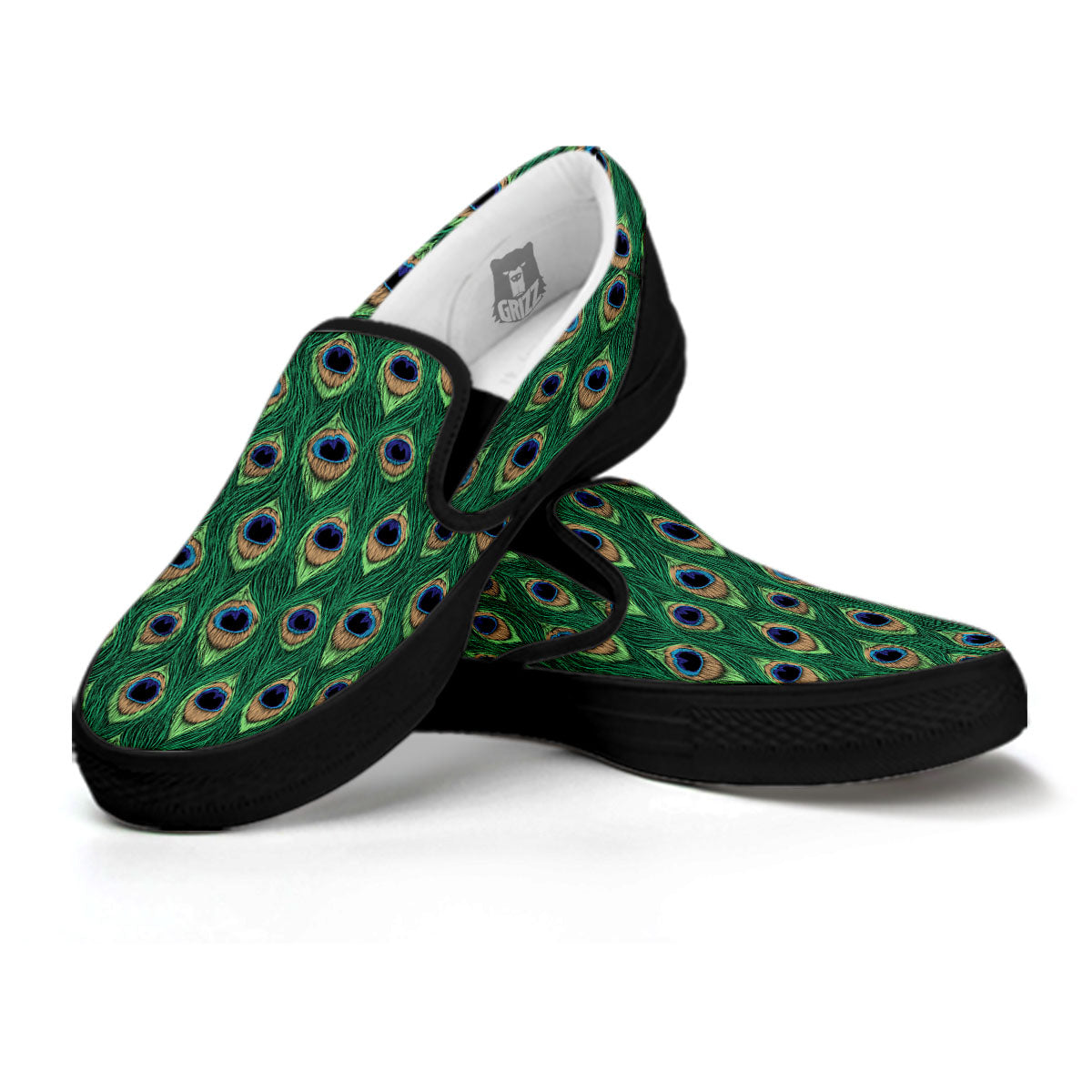 Peacock Tail Print Black Slip On Shoes-grizzshop