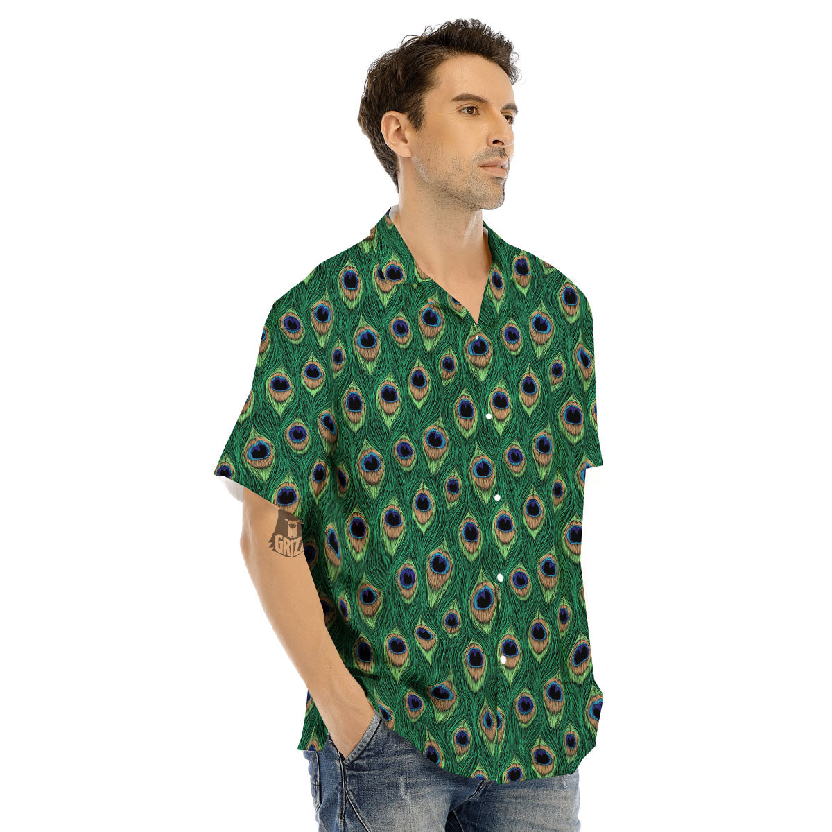 Peacock Tail Print Men's Hawaiian Shirt-grizzshop