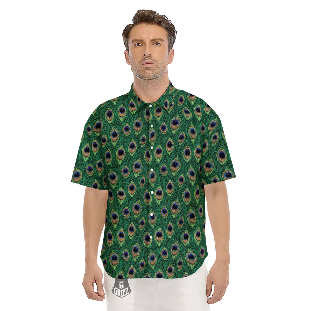 Peacock Tail Print Men's Short Sleeve Shirts-grizzshop