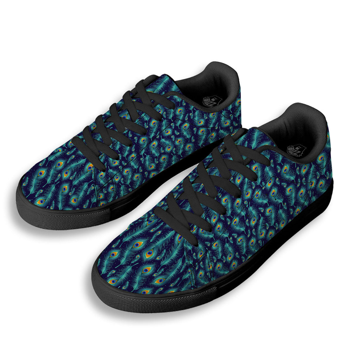 Peacock Tail Print Pattern Black Low Top Sneakers-grizzshop