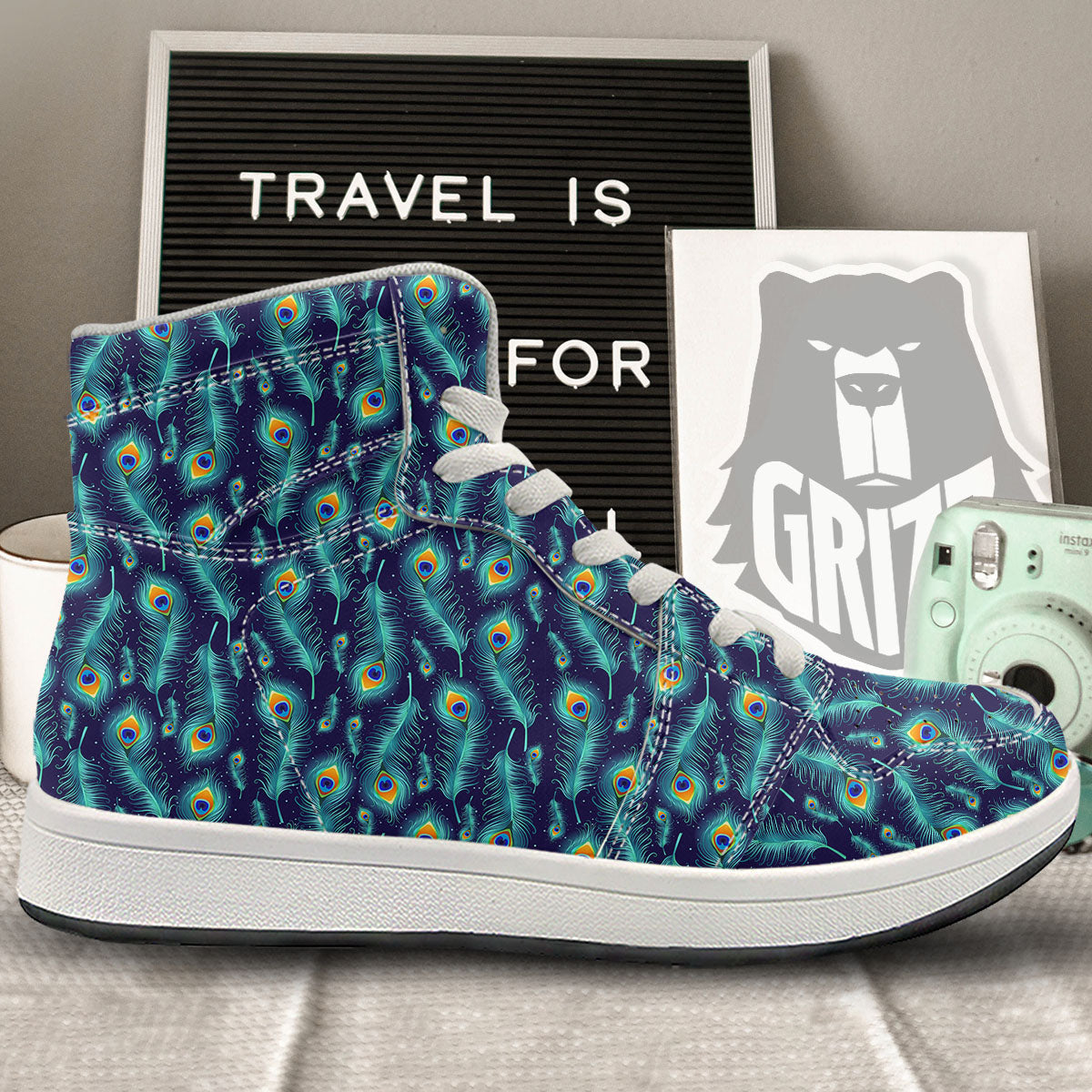 Peacock Tail Print Pattern High Top Sneakers-grizzshop