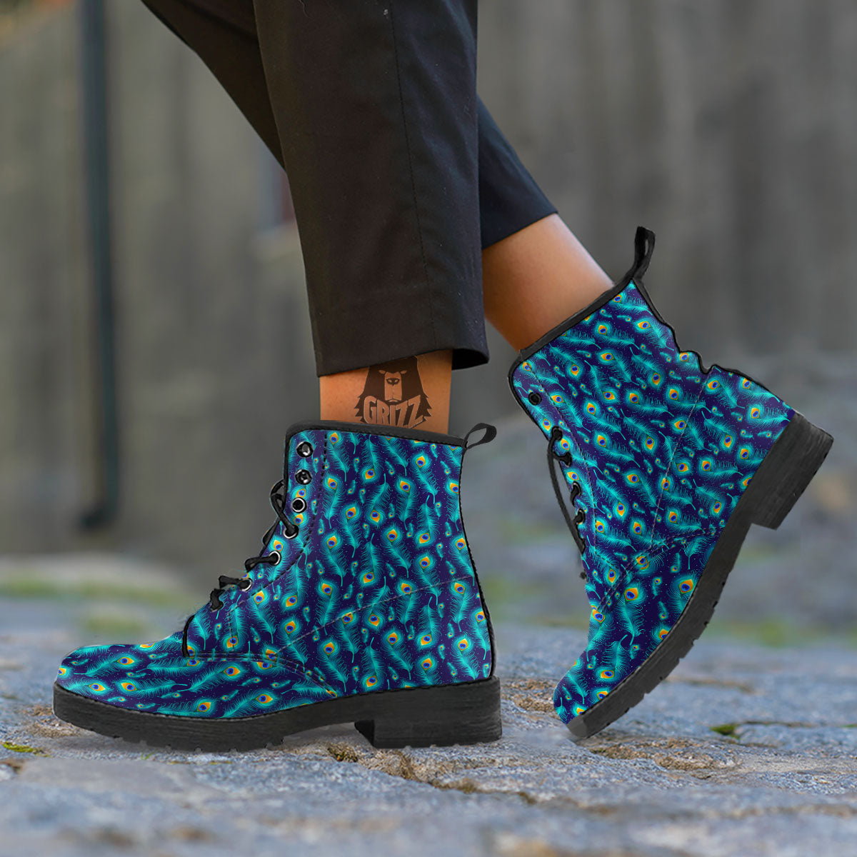 Peacock Tail Print Pattern Leather Boots-grizzshop