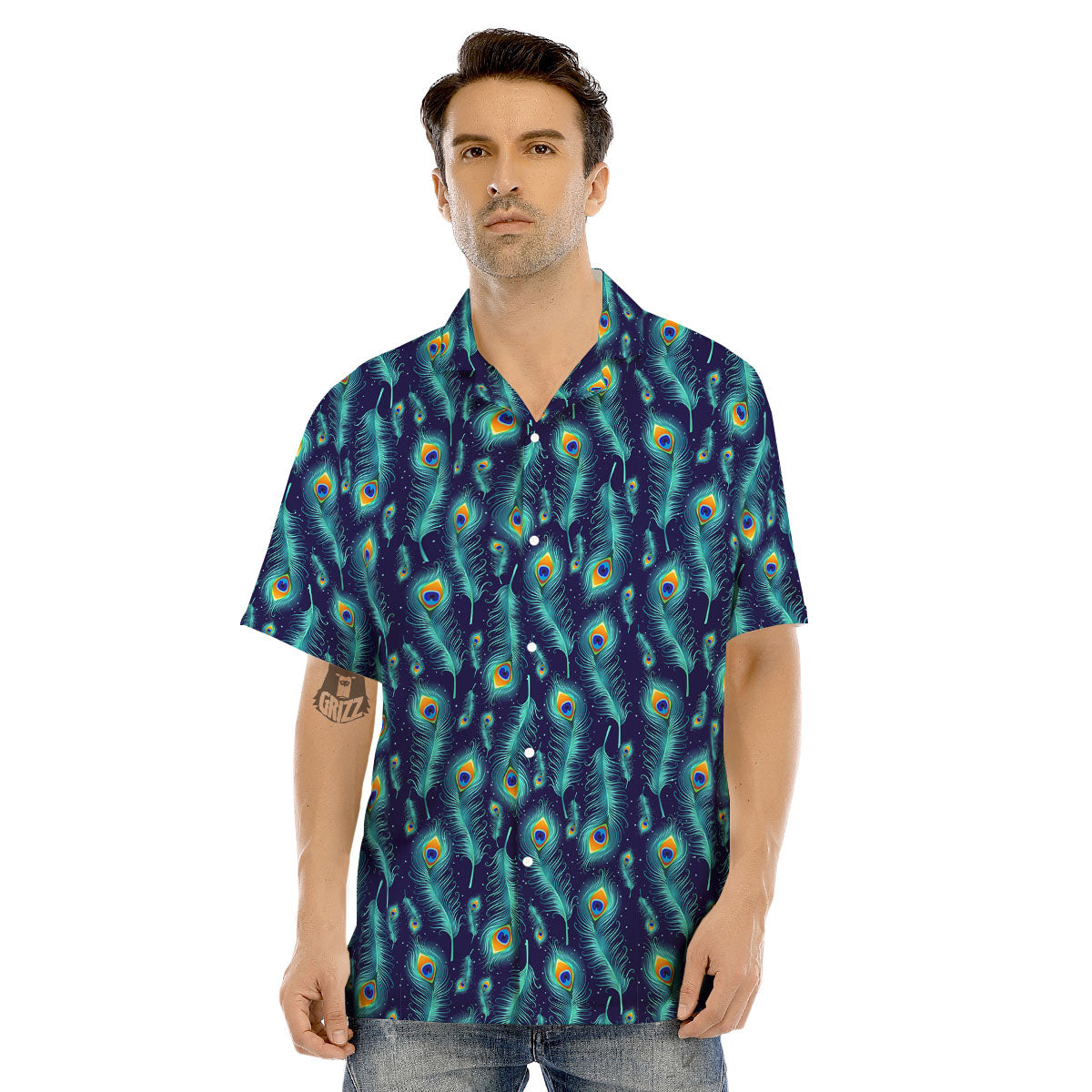 Peacock Tail Print Pattern Men's Hawaiian Shirt-grizzshop