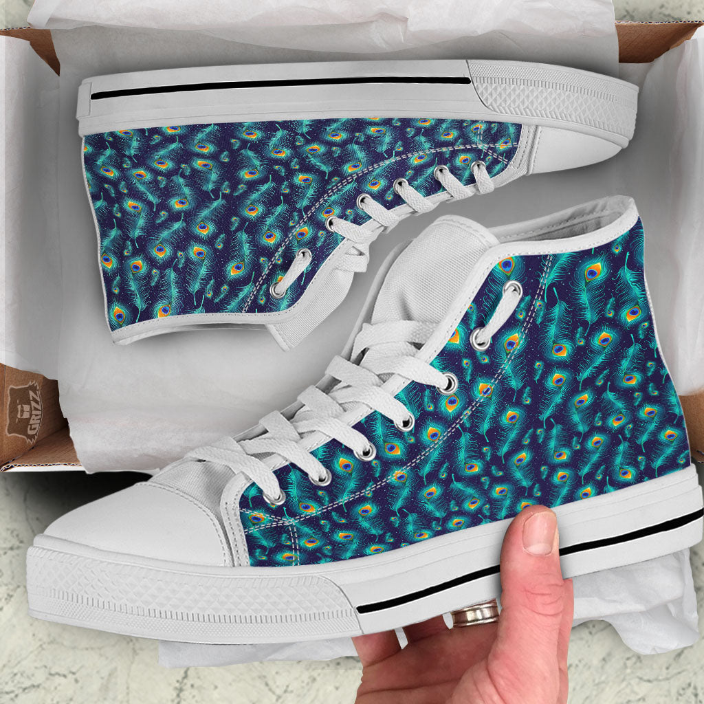 Peacock Tail Print Pattern White High Top Shoes-grizzshop