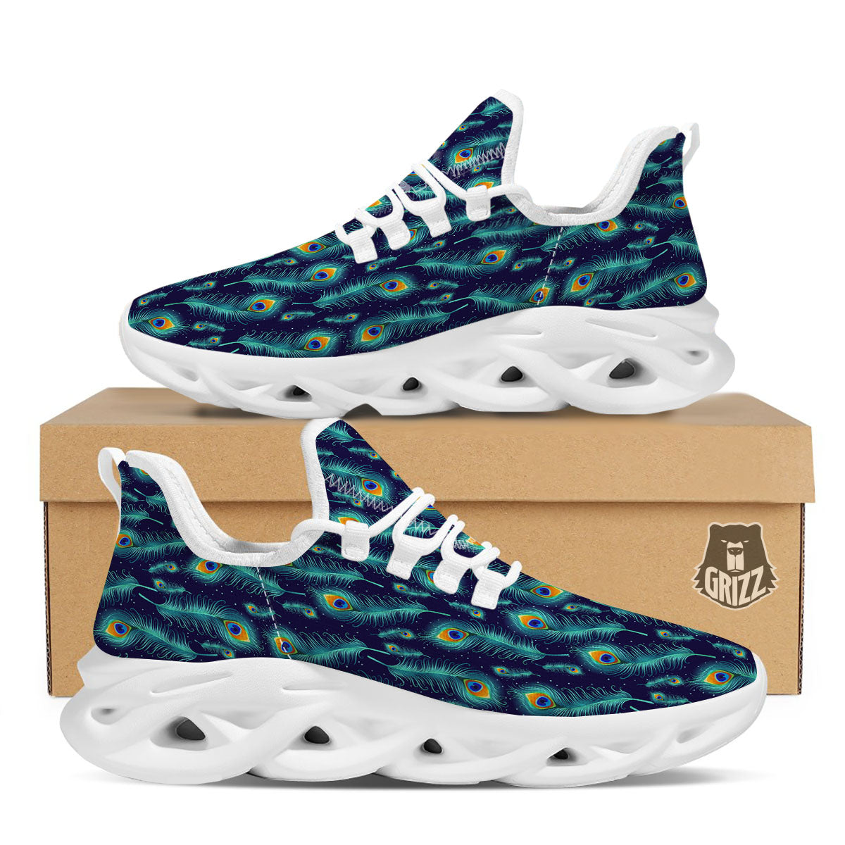 Peacock Tail Print Pattern White Running Shoes-grizzshop