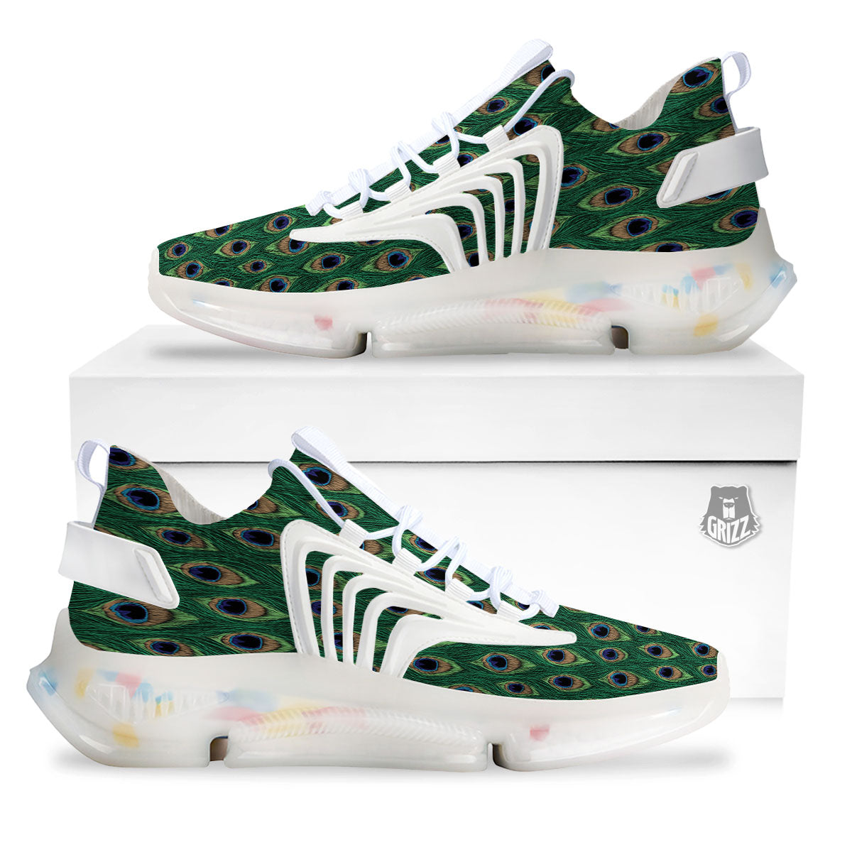 Peacock Tail Print White Gym Shoes-grizzshop
