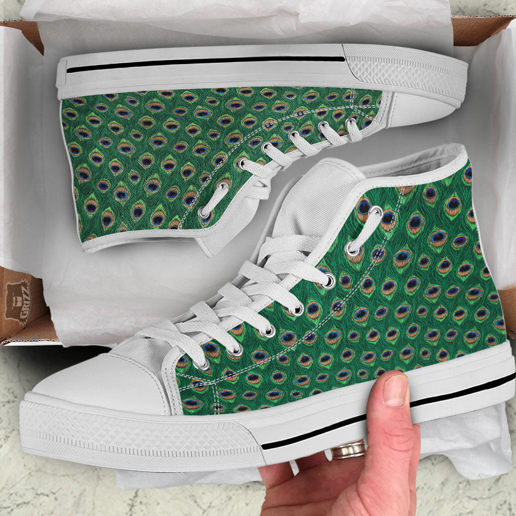 Peacock Tail Print White High Top Shoes-grizzshop